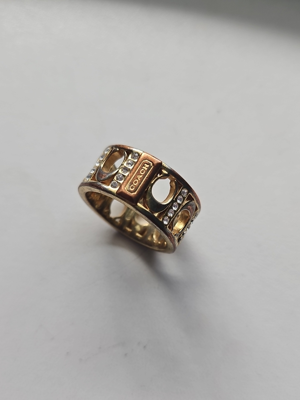 Coach Gold-Tone Logo Cutout Ring with Crystal Accents Size 7 Unisex